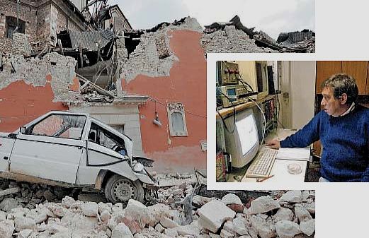 L'Aquila (Italia): Palazzo del Governo dopo il terremoto; a destra Giuliani ("poter prevedere terremoti?"); fonte Salomone