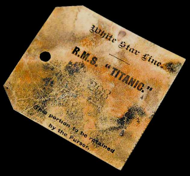 Porzione (quella che si "lega" agli oggetti) del tagliando "oggetti depositati" sul transatlantico Titanic, rinvenuto nel suo relitto in fondo all'oceano (affond nella notte fra il 14 e il 15 aprile 1912...); fonte Altaffer