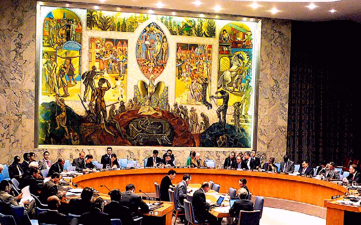 ONU, sala del Consiglio di Sicurezza; grande quadro di Krogh sulla "ricostruzione del mondo dopo la seconda guerra mondiale"