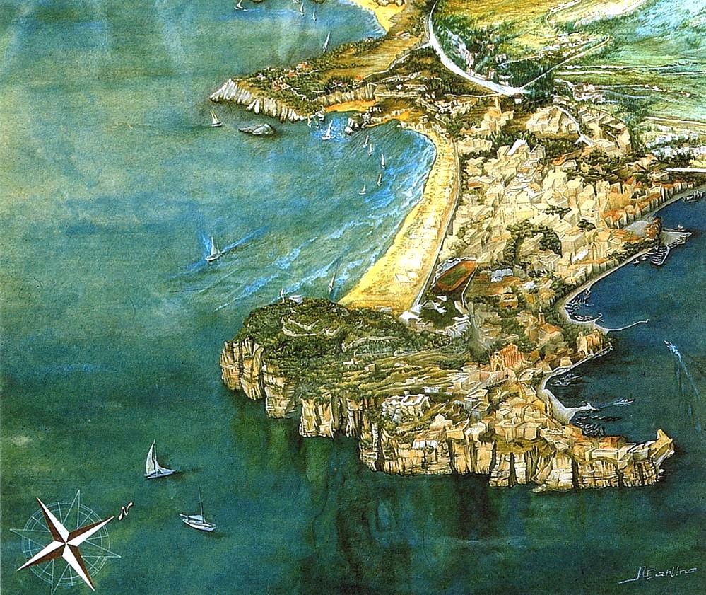 Il Promontorio di Gaeta in primo piano; foto di dipinto, scattata (con autorizzazione) a esposizione (Batteria Borbonica S.Maria - Gaeta)